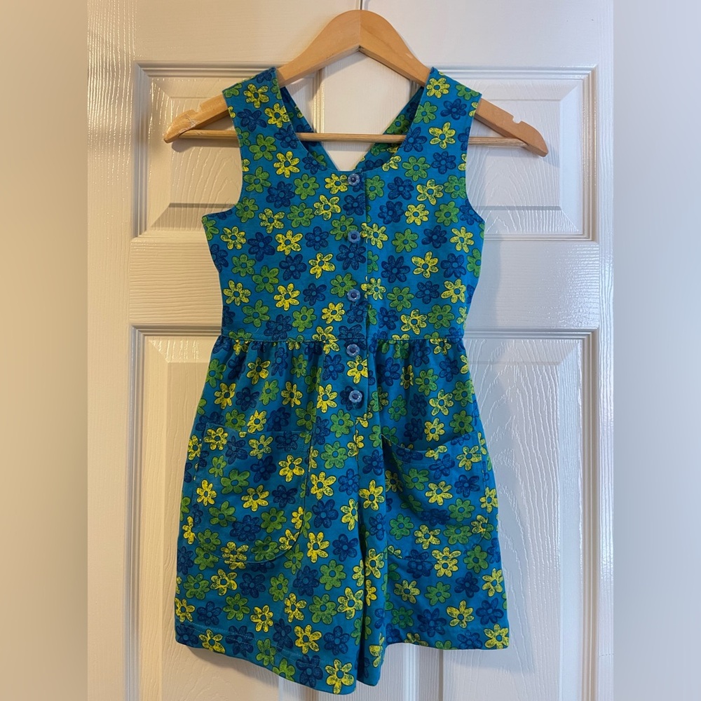 Vintage 90s Basic Edition  Blue Green Yellow Floral Romper Jumper Girls 7